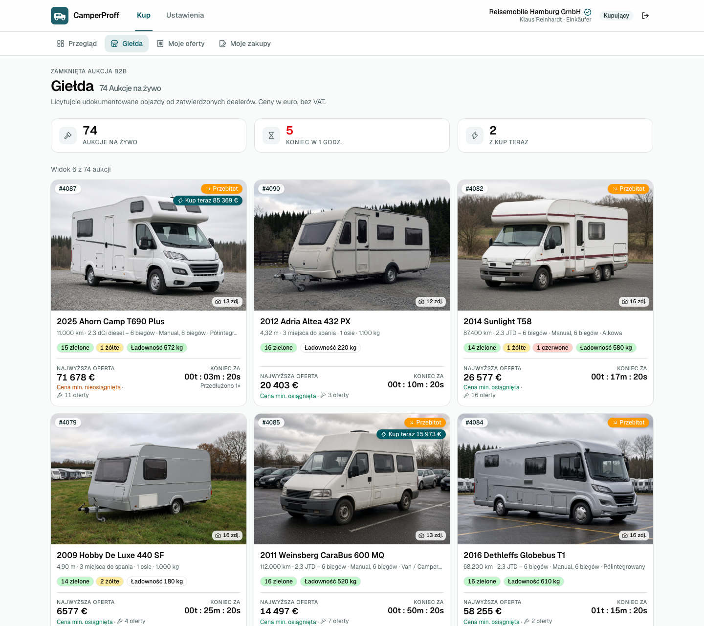 Giełda CamperProff z kartami pojazdów, Kup teraz i odliczaniem. Ekran demonstracyjny, nie live stock.