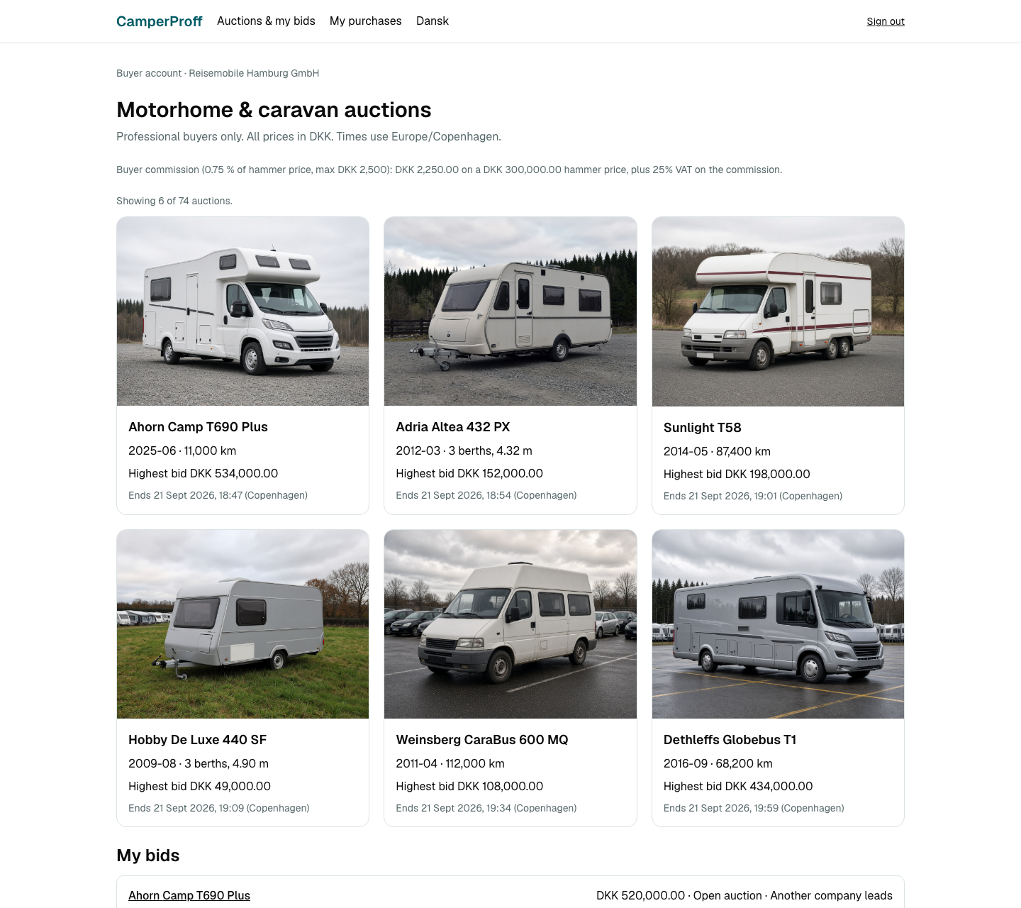 Køberoverblik i CamperProff-appen. Demonstrationsskærm, ikke et offentligt katalog.