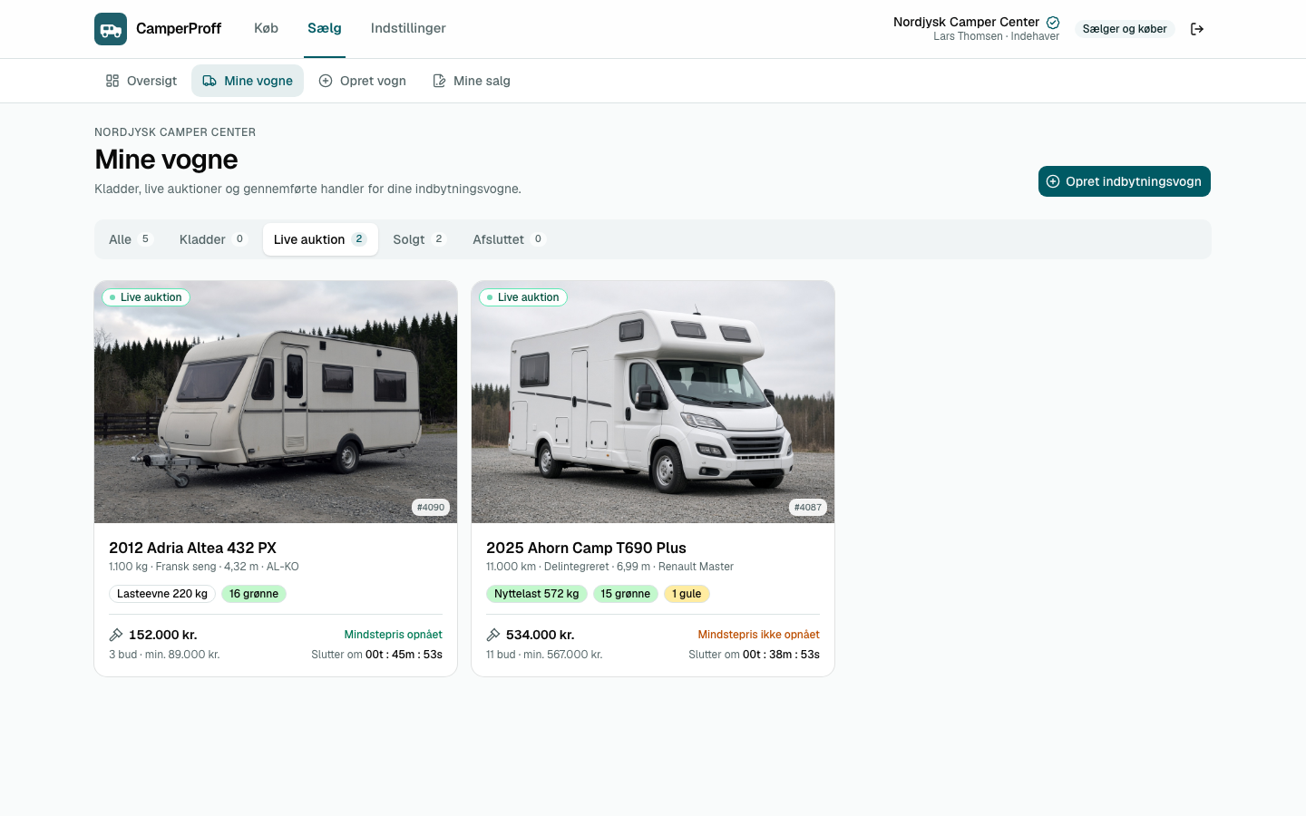 Sælgers vognliste i CamperProff-appen. Demonstrationsskærm, ikke live lager.